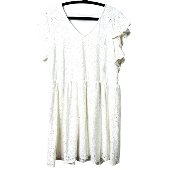 Maurices Dresses & Skirts - Maurices White Eyelet Ruffle Sleeve Dress L  Lined Summer Casual V-Neckline